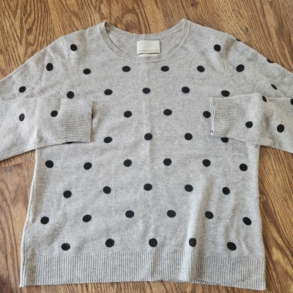 Cynthia Rowley 2 Ply Cashmere Black Grey Polka Dot Women L Sweater Ribbed Knit